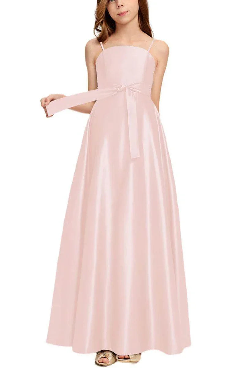 Satin Junior Bridesmaid Dress with Bow & Pockets B0C7KY63LXCR - COCOMELODY